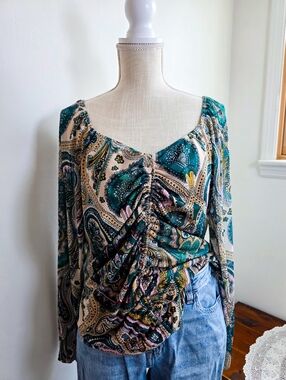 Paisley Boston Proper Mesh Ruched Boho Top